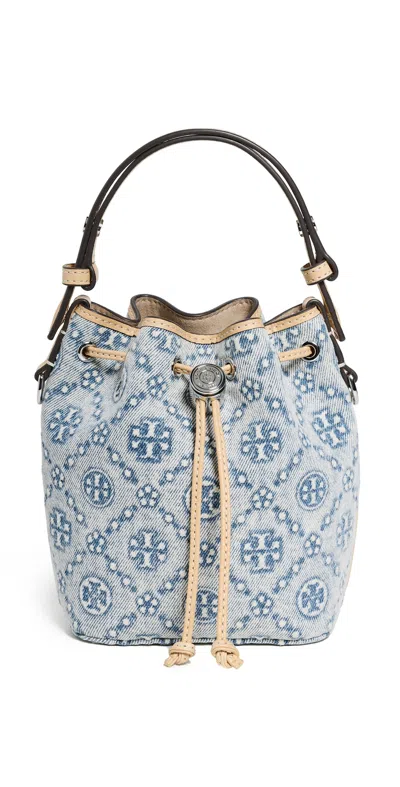 TORY BURCH T MONOGRAM DENIM MINI BUCKET BAG POWDER BLUE