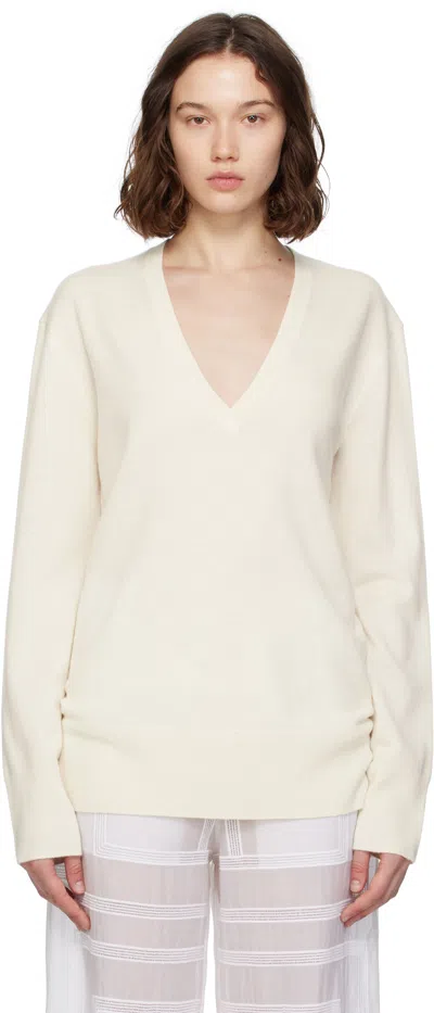 TOTÊME OFF-WHITE CASHMERE V-NECK KNIT SWEATER