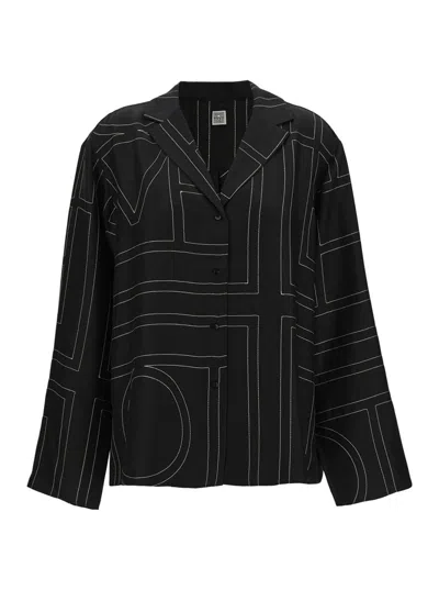 TOTÊME BLACK SHIRT WITH ALL-OVER MONOGRAM PRINT IN SILK WOMAN