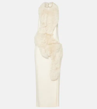 TOTÊME SHEARLING-TRIMMED CADY MIDI DRESS