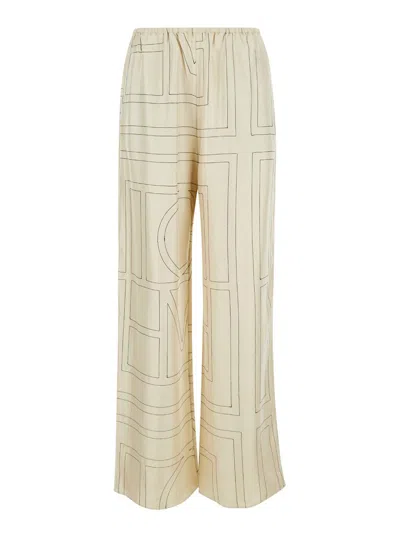 TOTÊME WHITE PANTS WITH ALL-OVER MONOGRAM IN SILK WOMAN