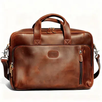 TOURI BROWN GENUINE LEATHER BRIEFCASE WITH FRONT LEATHER PATCH