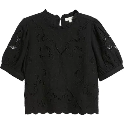 TREASURE & BOND TREASURE & BOND EMBROIDERED CUTWORK PUFF SLEEVE LINEN BLEND TOP