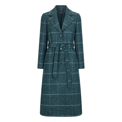 TRIONA WOMEN'S BLUE / GREEN TEAL WINDOWPANE ERIN BELTED COAT
