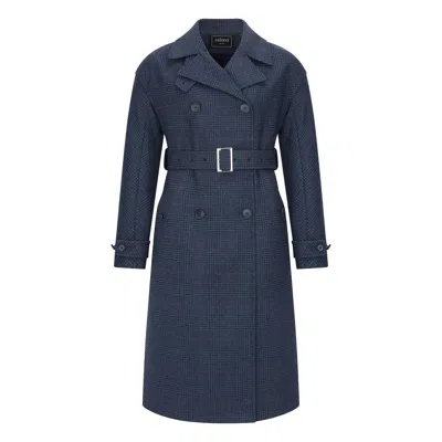 TRIONA WOMEN'S BLUE NAVY PRINCE OF WALES CHECK FAYE DOUBLE BREASTED MAC COAT