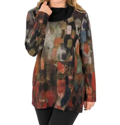 TRISHA TYLER MIX PRINT CONTRAST COWL NECK TUNIC SWEATER IN RED MULTI
