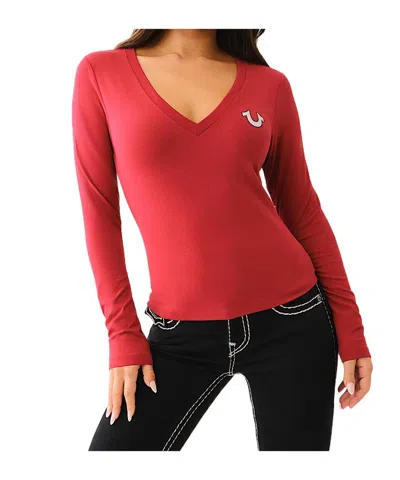TRUE RELIGION CRYSTAL LOGO LONG SLEEVE V NECK TEE