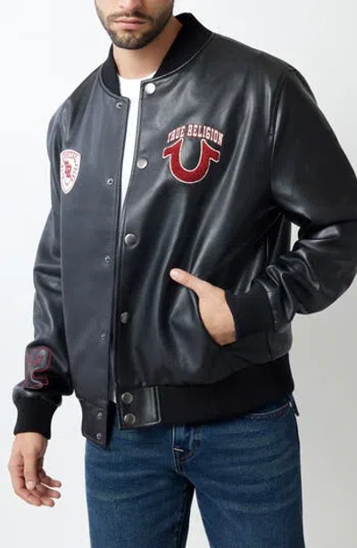 TRUE RELIGION TRUE RELIGION FAUX LEATHER VARSITY JACKET