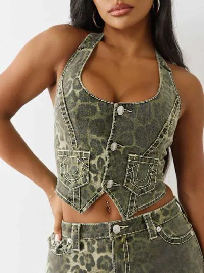 TRUE RELIGION WOMEN'S CAMO LEOPARD BIG T HALTER TOP