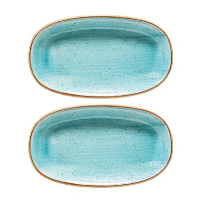 TURGLA HOME AQUA OVAL BLUE PORCELAIN PLATTER SET OF TWO