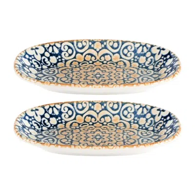 TURGLA HOME BLUE / BROWN ALHAMBRA OVAL DECORATED PORCELAIN SERVING, SIDE PLATTERS, SET OF TWO