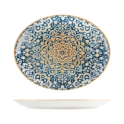 TURGLA HOME BLUE / BROWN ALHAMBRA OVAL DECORATED PORCELAIN SHARING, FAMILY DINNER PLATTER