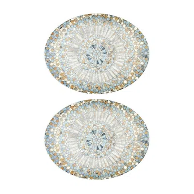 TURGLA HOME BLUE / BROWN LUCA MOSAIC MATTE OVAL DECORATED PORCELAIN PLATTER SET OF TWO