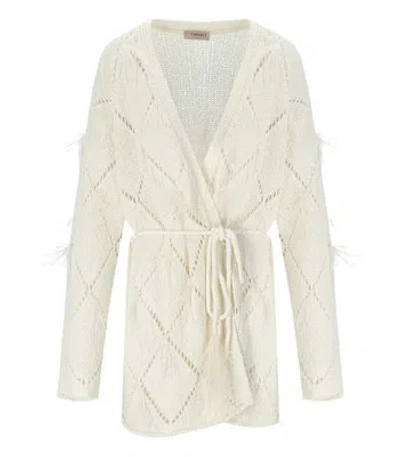 TWINSET TWINSET CREME CARDIGAN MIT FEDERN DAMEN
