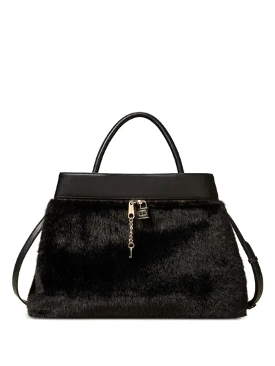 TWINSET FUR-TRIMMED LEATHER TOTE BAG