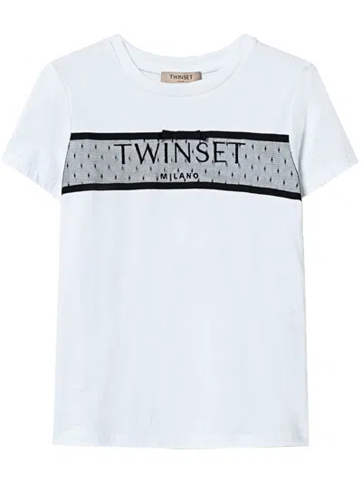 TWINSET TULLE-EMBELLISHED LOGO-EMBROIDERED T-SHIRT