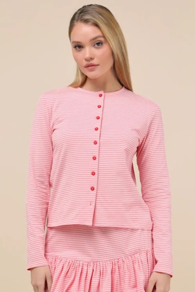 TYLER MCGILLIVARY POLLY PINK STRIPED BUTTON-FRONT CARDIGAN SWEATER