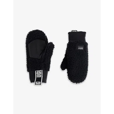 UGG WOMENS BLACK LOGO-TAPE BORG MITTENS