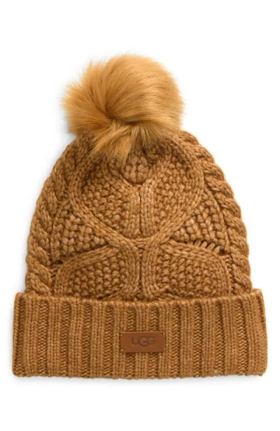 UGG UGG(R) FAUX FUR POMPOM CABLE KNIT BEANIE