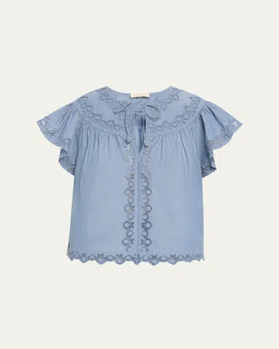 ULLA JOHNSON EFFIE EMBROIDERED FLUTTER-SLEEVE TOP