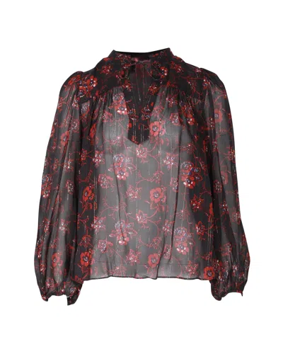 ULLA JOHNSON FLORAL LONG-SLEEVE TOP IN BLACK SILK