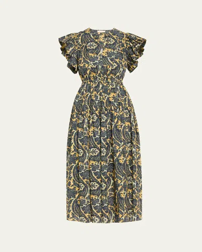 ULLA JOHNSON KAIRI FLUTTER-SLEEVE MIDI DRESS