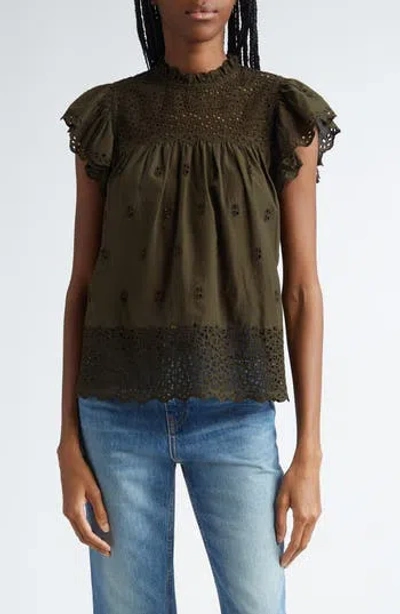 ULLA JOHNSON ULLA JOHNSON KASSI EYELET FLUTTER SLEEVE COTTON TOP