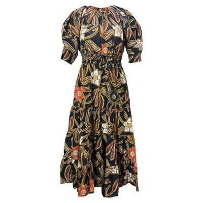 ULLA JOHNSON ZEENAT FLORAL PRINT SHIRRED MIDI PUFFED SLEEVE DRESS IN MULTICOLOR SILK