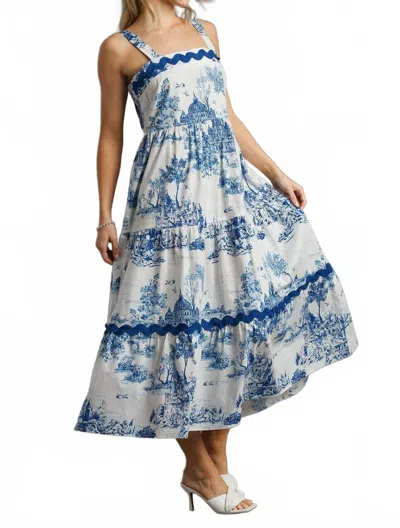 UMGEE LANDSCAPE TIERED MAXI DRESS WITH RIC RAC TRIM IN BLUE/WHITE