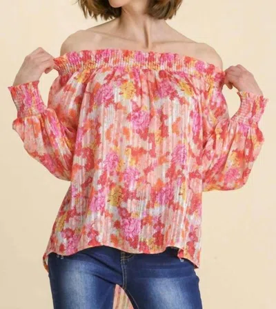 UMGEE SHEER FLORAL OFF THE SHOULDER TOP IN PINK