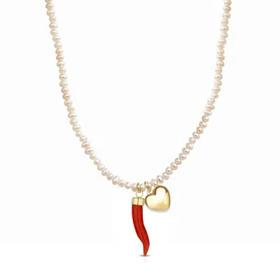 UNALOE WOMEN'S BAROQUE PEARL NECKLACE WITH CORAL CORNICELLO AND GOLD-PLATED SILVER HEART