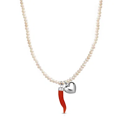 UNALOE WOMEN'S BAROQUE PEARL NECKLACE WITH CORAL CORNICELLO AND SILVER HEART