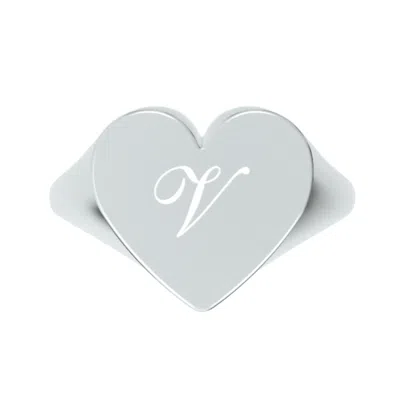 UNALOE WOMEN'S CUSTOM HEART SHAPED CHEVALIER RING IN STERLING SILVER WITH -V- INITIAL