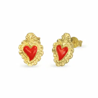 UNALOE WOMEN'S GOLD / RED GOLD-PLATED STUD EARRINGS WITH A RED SACRED HEART-SHAPED PENDANT