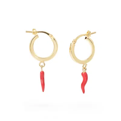 UNALOE WOMEN'S RED / GOLD HOOP EARRINGS WITH GOLD-PLATED RED HORN PENDANT