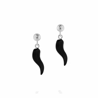 UNALOE WOMEN'S SILVER / BLACK SILVER EARRINGS WITH BLACK HORN PENDANT
