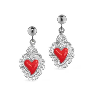 UNALOE WOMEN'S SILVER / RED SILVER EARRINGS WITH RED SACRED HEART PENDANT