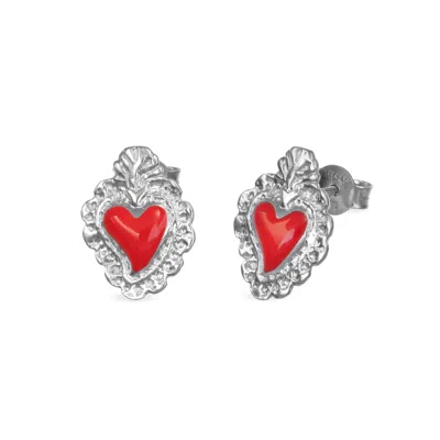 UNALOE WOMEN'S SILVER / RED SILVER STUD EARRINGS WITH A RED SACRED HEART-SHAPED PENDANT.