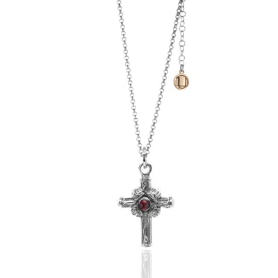 UNALOE SILVER / RED STERLING SILVER CROSS NECKLACE WITH NATURAL GARNET - ELEGANT JEWELRY FOR WOMEN