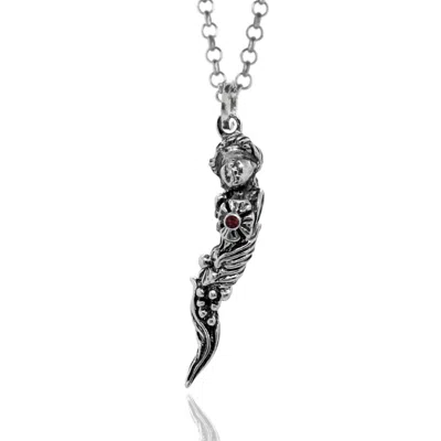 UNALOE WOMEN'S SILVER / RED STERLING SILVER NECKLACE WITH GODDESS OF FORTUNE WITH NATURAL RUBY