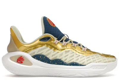 UNDER ARMOUR MEN'S UNDER ARMOUR CURRY 11 CHAMPIONS MINDSET SNEAKERS IN LEMON ICE/METALLIC GOLD/RED