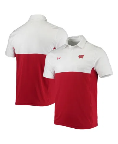 UNDER ARMOUR MEN'S UNDER ARMOUR WHITE, RED WISCONSIN BADGERS 2022 BLOCKED COACHES PERFORMANCE POLO SHIRT