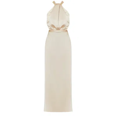 UNDRESS WOMEN'S NEUTRALS ELONA HALTER NECK BEIGE SATIN EVENING LONG DRESS