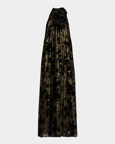UNGARO METALLIC FLORAL HALTER GOWN