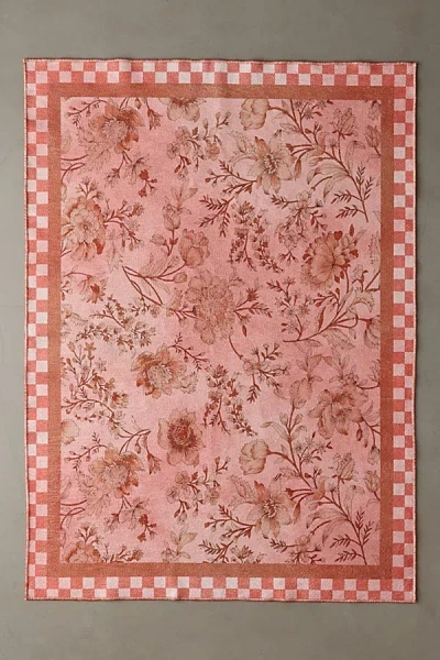 URBAN OUTFITTERS CHECKERED BORDER FLORAL PRINTED RUG IN PINK AT URBAN OUTFITTERS
