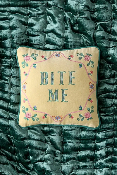URBAN OUTFITTERS CHEEKY SLOGAN VELVET EMBROIDERED THROW PILLOW IN BITE ME AT URBAN OUTFITTERS