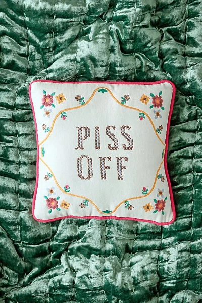 URBAN OUTFITTERS CHEEKY SLOGAN VELVET EMBROIDERED THROW PILLOW IN PISS OFF AT URBAN OUTFITTERS