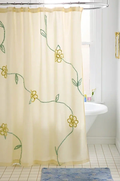 URBAN OUTFITTERS FALLING VINES FLORAL TUFTED SHOWER CURTAIN IN YELLOW AT URBAN OUTFITTERS