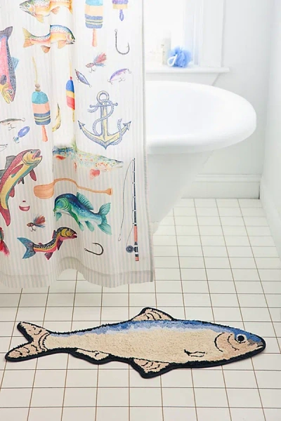 URBAN OUTFITTERS FISH SHAPED PLUSH TUFTED BATH MAT IN BLUE AT URBAN OUTFITTERS
