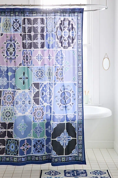 URBAN OUTFITTERS IZZY TILE PATTERNED SHOWER CURTAIN IN BLUE AT URBAN OUTFITTERS